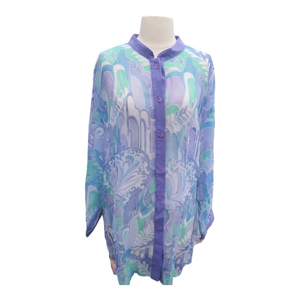Womens 2X Groovy 1970s Retro Pastel Sheer Chiffon Blouse Top Lightweight Airy